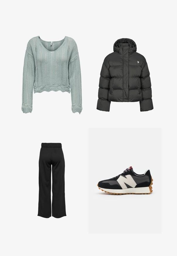 Melnā pūkainā jaka ar īsu dizainu, ar augstu apkakli un ribotām piedurknēm. Iekļauts mazs logo kreisajā pusē. Gluda tekstūra.; Gaiši zaļa, īsā piegriezuma džemperis no adīta auduma ar V veida kakla izgriezumu, garām piedurknēm un viļņotu apakšmalu. Visā virspusē ir izšūta raksts.; Melnas, platas bikses ar elastīgu jostu, izgatavotas no gludas auduma. Iespējamā tīra dizaina ar bez kabatām un redzamām šuvēm.; Melnas un pelēkas zamšādas sporta kurpes ar lielu krēmkrāsas "N" logotipu, purpura šņorēm un strukturētu gumijas zoli.