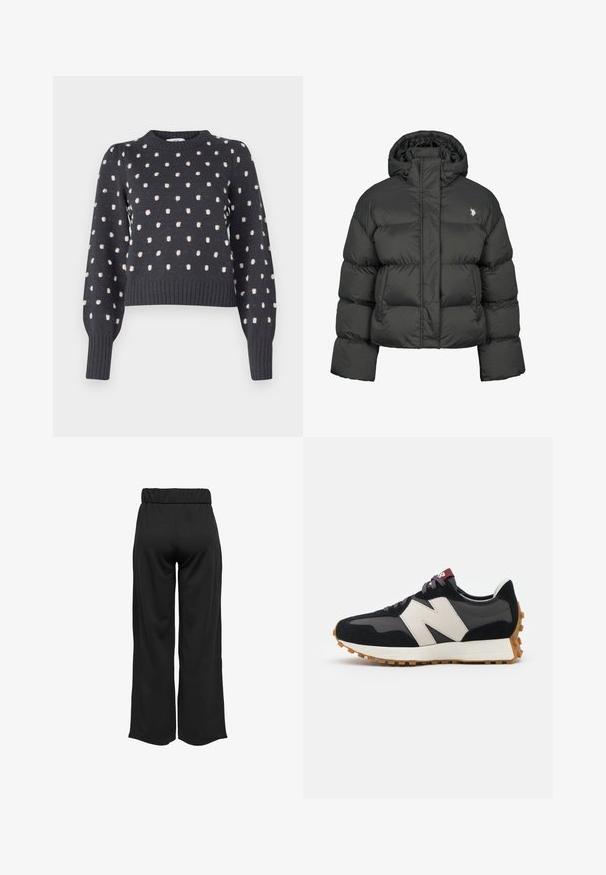 Musta toppatakki, jonka leikkaus on lyhyt ja siinä on korkea kaulus sekä ribbaus hihansuissa. Vasemmalla puolella pieni logo. Sileä pinta.; Tummanharmaa neulepaita, jossa on pyöreä pääntie. Paidassa on tekstuuri, jossa on vaaleanpunaisia pisteitä, sekä joustinhihansuut ja -helma.; Mustat, leveälahkeiset housut, joissa on joustava vyötärö, valmistettu sileästä kankaasta. Ominaisuuksia ovat puhdas muotoilu ilman taskuja tai näkyviä ompelusaumoja.; Mustat ja harmaat mokkakenkä, jossa on suuri kermanvärinen "N"-logo, violetit nauhat ja teksturoitu kumipohja.