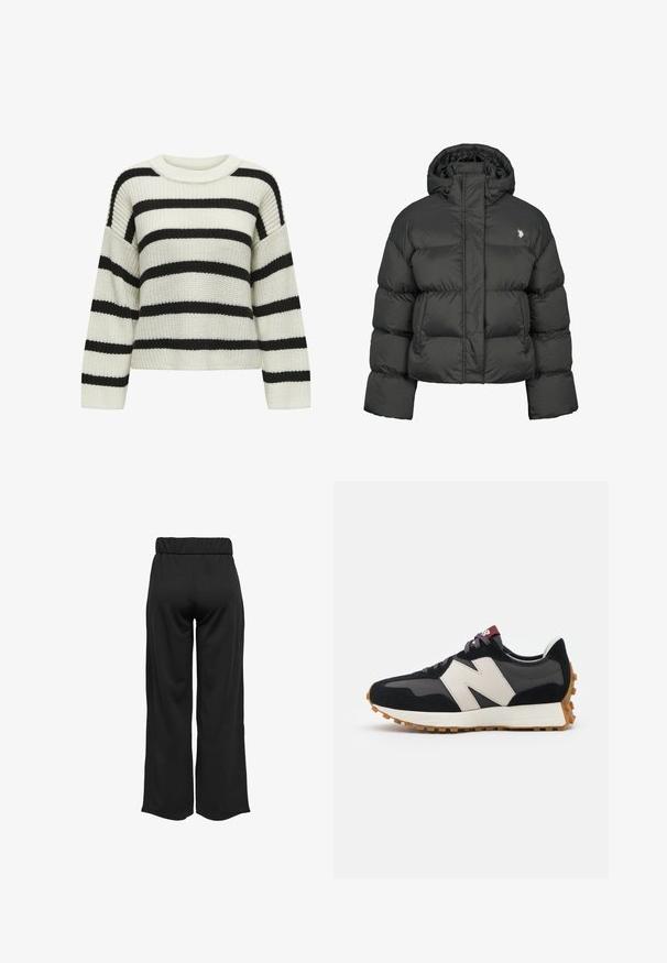 Črna puhafka s skrajšanim dizajnom, ki ima visok ovratnik in rebraste manšete. Vsebuje majhen logo na levi strani. Gladka tekstura.; Pleteni pulover s okroglim izrezom, ki ima izmenične črne in smetano bele horizontalne črte. Teksturovan material z dolgimi rokavi in kratkim krojem.; Črne hlače širokega kroja z elastičnim pasom, izdelane iz gladkega materiala. Imajo preprost dizajn brez žepov ali vidnih šivov.; Črne in sive semiš športne copate z velikim kremnim logotipom "N", vijoličastimi vezalkami in teksturiranim gumijastim podplatom.