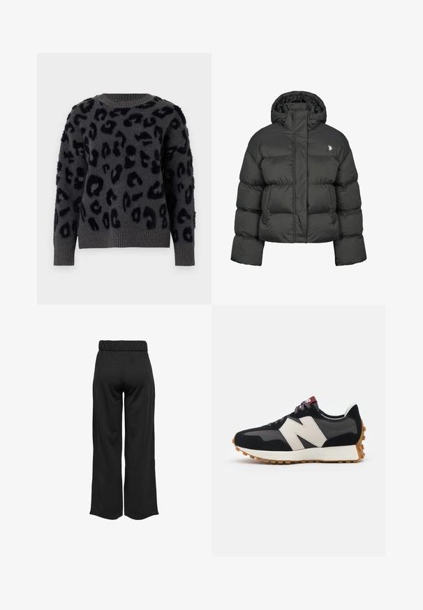 Schwarze Pufferjacke mit cropped Design, hochgeschlossenem Kragen und gerippten Bündchen. Mit kleinem Logo auf der linken Seite. Glatte Textur.; Grauer Pullover aus weichem Stoff mit schwarzem Leopardenmuster, Rundhalsausschnitt und gerippten Bündchen und Saum. Strukturierte Einsätze sorgen für Dimension.; Schwarze, weit geschnittene Hose mit elastischem Bund, aus glattem Stoff gefertigt. Hat ein cleanes Design ohne Taschen oder sichtbare Nähte.; Schwarze und graue Wildledersneaker mit einem großen cremefarbenen "N"-Logo, lila Schnürsenkeln und einer strukturierten Gummisohle.
