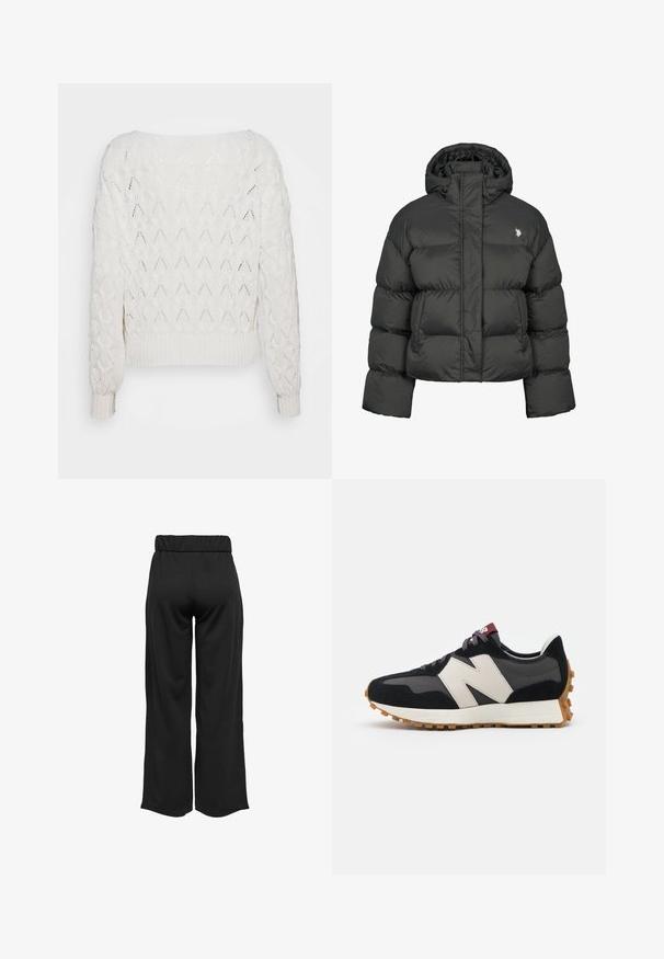 Crni puffer kaput s krojenjem do struka, s visokim ovratnikom i rebrastim manžetama. Uključuje mali logo na lijevoj strani. Glatka tekstura.; Krem pleteni pulover s dijamantnim uzorkom, rebrastim manžetama i donjim rubom, laganog kroja i širokim izrezom.; Crne hlače širokih nogavica s elastičnom waistbandom, izrađene od glatkog materijala. Imaju jednostavan dizajn bez džepova ili vidljivih šavova.; Crne i sive suede tenisice s velikim kremastim logom "N", ljubičastim pertlama i teksturiranim gumiranim potplatom.