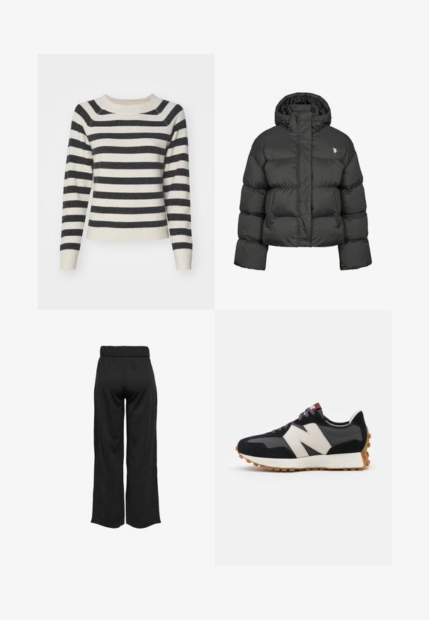 Schwarze Pufferjacke mit cropped Design, hochgeschlossenem Kragen und gerippten Bündchen. Mit kleinem Logo auf der linken Seite. Glatte Textur.; Gestreifter Pullover mit schwarzen und cremefarbenen horizontalen Streifen, gerippte Bündchen und Saum, runder Ausschnitt und weicher Textur. Mittel-lange Ärmel.; Schwarze, weit geschnittene Hose mit elastischem Bund, aus glattem Stoff gefertigt. Hat ein cleanes Design ohne Taschen oder sichtbare Nähte.; Schwarze und graue Wildledersneaker mit einem großen cremefarbenen "N"-Logo, lila Schnürsenkeln und einer strukturierten Gummisohle.