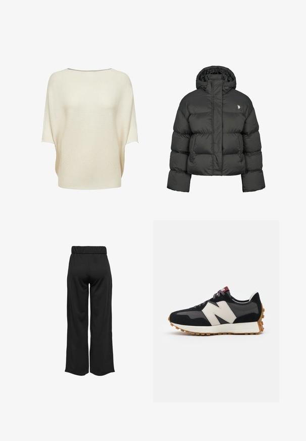 Schwarze Pufferjacke mit cropped Design, hochgeschlossenem Kragen und gerippten Bündchen. Mit kleinem Logo auf der linken Seite. Glatte Textur.; Cremefarbenes Strickoberteil mit weitem Boot-Ausschnitt, kurzen Ärmeln und gerippter Struktur. Lockere Passform mit einem abgerundeten Saum.; Schwarze, weit geschnittene Hose mit elastischem Bund, aus glattem Stoff gefertigt. Hat ein cleanes Design ohne Taschen oder sichtbare Nähte.; Schwarze und graue Wildledersneaker mit einem großen cremefarbenen "N"-Logo, lila Schnürsenkeln und einer strukturierten Gummisohle.