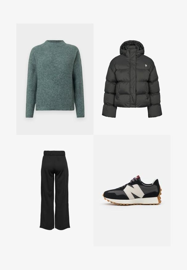 Črna puhafka s skrajšanim dizajnom, ki ima visok ovratnik in rebraste manšete. Vsebuje majhen logo na levi strani. Gladka tekstura.; Zeleni rebrasti pleten pulover z visokim ovratnikom in dolgimi rokavi. Mehka tekstura, sproščen kroj in subtilne odtenke po celotni površini.; Črne hlače širokega kroja z elastičnim pasom, izdelane iz gladkega materiala. Imajo preprost dizajn brez žepov ali vidnih šivov.; Črne in sive semiš športne copate z velikim kremnim logotipom "N", vijoličastimi vezalkami in teksturiranim gumijastim podplatom.