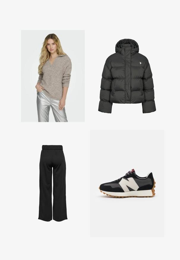 Czarna kurtka puchowa o kroju crops, z wysokim kołnierzem i ściągaczami. Zawiera małe logo po lewej stronie. Gładka tekstura.; Sweter w kolorze jasnego beżu z dekoltem w kształcie litery V i podwiniętymi rękawami, wykonany z teksturowanego materiału dzianinowego. Połączony z błyszczącymi srebrnymi spodniami.; Czarne, szerokie spodnie z elastycznym pasem, wykonane z gładkiego materiału. Charakteryzują się prostym wzornictwem, bez kieszeni i widocznych szwów.; Czarno-szare zamszowe sneakersy z dużym kremowym logo "N", purpurowymi sznurówkami i teksturowaną gumową podeszwą.