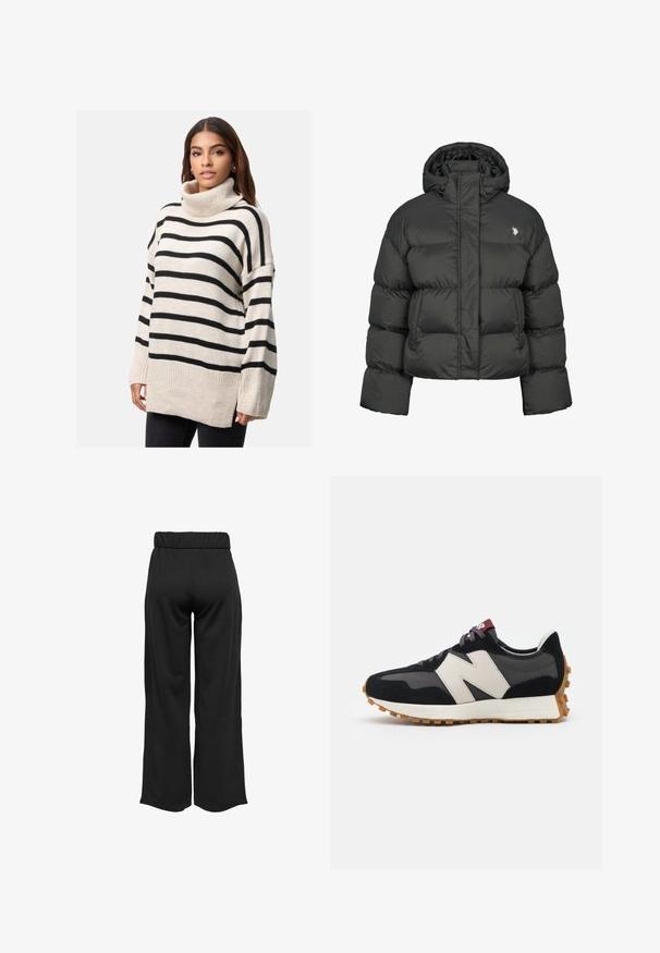 Czarna kurtka puchowa o kroju crops, z wysokim kołnierzem i ściągaczami. Zawiera małe logo po lewej stronie. Gładka tekstura.; Elara - Sweter; Czarne, szerokie spodnie z elastycznym pasem, wykonane z gładkiego materiału. Charakteryzują się prostym wzornictwem, bez kieszeni i widocznych szwów.; Czarno-szare zamszowe sneakersy z dużym kremowym logo "N", purpurowymi sznurówkami i teksturowaną gumową podeszwą.
