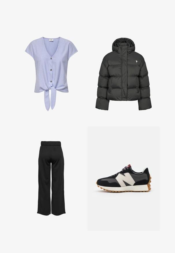 Crni puffer kaput s krojenjem do struka, s visokim ovratnikom i rebrastim manžetama. Uključuje mali logo na lijevoj strani. Glatka tekstura.; Plava i bijela prugasta bluzica kratkih rukava, s V-izrezom, dugmadi sprijeda i vezivanjem na dnu, napravljena od laganog materijala.; Crne hlače širokih nogavica s elastičnom waistbandom, izrađene od glatkog materijala. Imaju jednostavan dizajn bez džepova ili vidljivih šavova.; Crne i sive suede tenisice s velikim kremastim logom "N", ljubičastim pertlama i teksturiranim gumiranim potplatom.