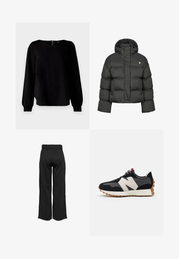 Fekete puffermellény cropped fazonban, magas gallérral és bordázott mandzsettákkal. Bal oldalon kis logó található. Sima textúra.; Fekete, hosszú ujjú felső, kerek nyakkivágással, ráncolt mandzsettával és hátsó cipzár részlettel, sima textíliából készült, amelynek enyhe fényessége van.; Fekete, bővülő szárú nadrág, elasztikus derékkal, sima anyagból készült. Tiszta dizájn jellemzi, zsebek és látható varrási részletek nélkül.; Fekete és szürke velúr sportcipő nagy krémszínű "N" logóval, lila fűzőkkel és texturált gumi talppal.