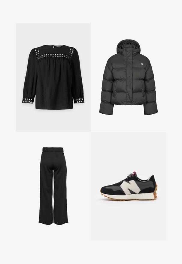 Must mustaga oli, millel on lühike disain, kõrge krae ja ribatud mansetid. Vasakul küljel on väike logo. Sile tekstuur.; Must nagu blouse, millel on ümmargune kaelus, puffhüpped ja dekoratiivsed lõikeDetailid õlgadel ja mansettidel. Tekstuurne kangas.; Mustad, laiad püksid elastse vöökohtaga, valmistatud siledast kangast. Omab lihtsat disaini, ilma taskute või nähtavate õmbluste detailideta.; Mustmust ja halli nubukist tennisajal on suur kreemjas "N" logo, lilla paelad ja tekstureeritud kummist välispohja.