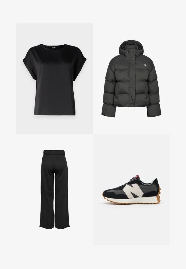 Sort puffersjakke med en cropped design, der har en høj krave og ribbede manchetter. Inkluderer et lille logo på venstre side. Glat tekstur.; Sort kortærmet top lavet af glat stof med rund halsudskæring og detaljer med rulleærmer. Enkel design uden mønstre eller hardware.; Sorte, vide bukser med elastisk talje, lavet af glat stof. Har et enkelt design uden lommer eller synlige sømdetaljer.; Sort og grå ruskinds sneakers med et stort cremefarvet "N" logo, lilla snørebånd og en struktureret gummisål.