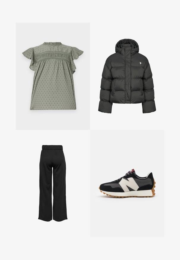 Juodas pūkinis švarkas su trumpu dizainu, turintis aukštą apykaklę ir sutrauktus rankogalvius. Kairėje pusėje esantis mažas logotipas. Lygus paviršius.; Žalia suknelė su trumpomis ruffles rankovėmis, tekstūruotas audinys su taškelių raštu, surinkimo detalės krūtinėje ir aukštas kaklas.; Juodos, plačios kelnės su elastinga juosta, pagamintos iš lygaus audinio. Pasižymi švariu dizainu, be kišenių ar matomų siūlių detalių.; Juoda ir pilka zomšinė sportinė avalynė su dideliu kreminiu "N" logotipu, violetinėmis raištelėmis ir tekstūruota gumos padu.