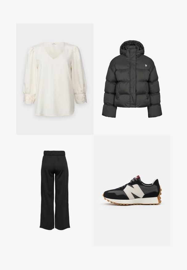 Černá péřová bunda s kratším střihem, vysokým límcem a žebrovanými manžetami. Obsahuje malé logo na levé straně. Hladká textura.; Krémová halenka s výstřihem do V, nabíranými dlouhými rukávy a vyšívanými detaily na manžetách. Hladká tkanina s volným střihem.; Černé široké kalhoty s elastickým pasem, vyrobené z hladkého materiálu. Disponují čistým designem bez kapes nebo viditelných švů.; Černé a šedé semišové tenisky s velkým krémovým logem "N", fialovými tkaničkami a strukturovanou gumovou podrážkou.
