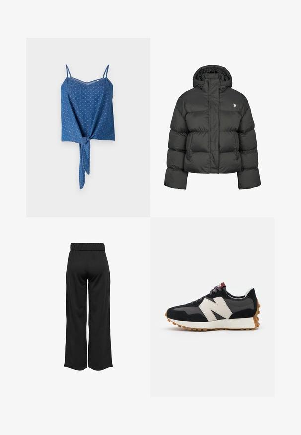 Melnā pūkainā jaka ar īsu dizainu, ar augstu apkakli un ribotām piedurknēm. Iekļauts mazs logo kreisajā pusē. Gluda tekstūra.; Zils džinsu tops ar regulējamiem spageti siksnām, teksturētu audumu, V-veida kakla izgriezumu un sasietu frontālo detaļu. Iezīmējas ar niansētu punktu rakstu.; Melnas, platas bikses ar elastīgu jostu, izgatavotas no gludas auduma. Iespējamā tīra dizaina ar bez kabatām un redzamām šuvēm.; Melnas un pelēkas zamšādas sporta kurpes ar lielu krēmkrāsas "N" logotipu, purpura šņorēm un strukturētu gumijas zoli.