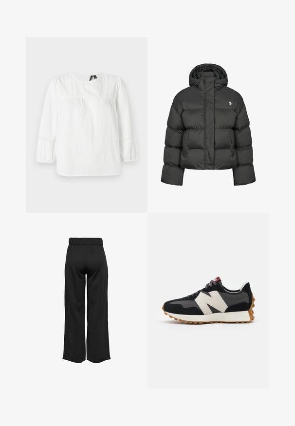 Musta toppatakki, jonka leikkaus on lyhyt ja siinä on korkea kaulus sekä ribbaus hihansuissa. Vasemmalla puolella pieni logo. Sileä pinta.; Valkoinen pitkähihaista paitaa teksturoitua puuvillaa, puffattuja hihoja, pitsiyksityiskohtia olkapäillä ja hihansuissa, sekä pyöreä kaula-aukko.; Mustat, leveälahkeiset housut, joissa on joustava vyötärö, valmistettu sileästä kankaasta. Ominaisuuksia ovat puhdas muotoilu ilman taskuja tai näkyviä ompelusaumoja.; Mustat ja harmaat mokkakenkä, jossa on suuri kermanvärinen "N"-logo, violetit nauhat ja teksturoitu kumipohja.