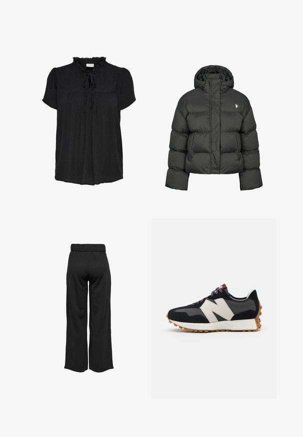 Schwarze Pufferjacke mit cropped Design, hochgeschlossenem Kragen und gerippten Bündchen. Mit kleinem Logo auf der linken Seite. Glatte Textur.; Schwarze Kurzarmbluse mit Rüschenausschnitt und Bindegürtel. Hat ein strukturiertes Punktemuster und ein gefältetes Vorderdesign. Weicher Stoff.; Schwarze, weit geschnittene Hose mit elastischem Bund, aus glattem Stoff gefertigt. Hat ein cleanes Design ohne Taschen oder sichtbare Nähte.; Schwarze und graue Wildledersneaker mit einem großen cremefarbenen "N"-Logo, lila Schnürsenkeln und einer strukturierten Gummisohle.