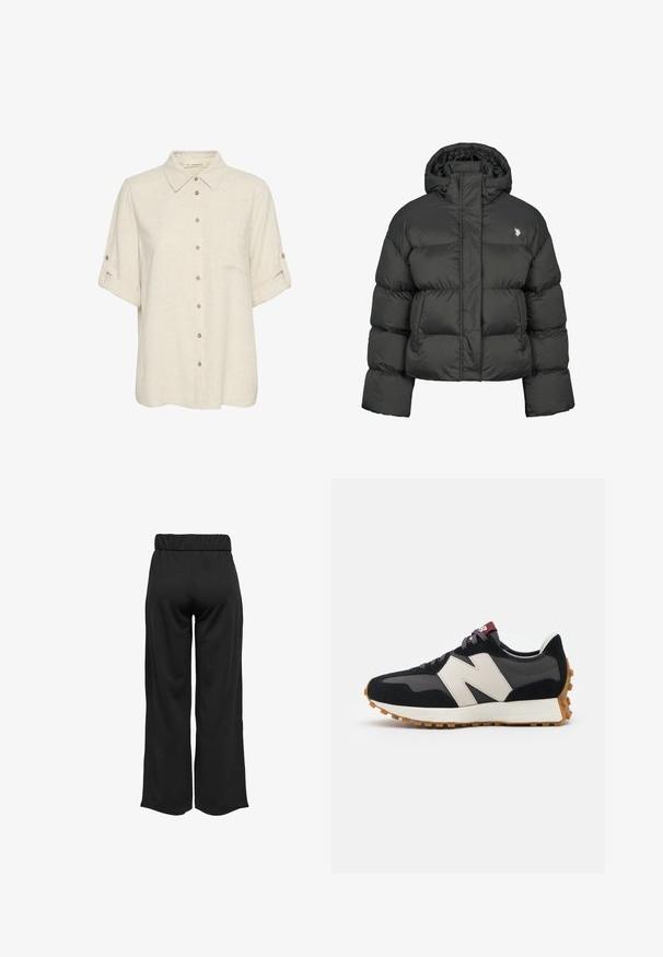 Černá péřová bunda s kratším střihem, vysokým límcem a žebrovanými manžetami. Obsahuje malé logo na levé straně. Hladká textura.; Beige lněná košile s krátkým rukávem a zapínáním na knoflíky v přední části, obsahující náprsní kapsu a ohrnovací manžety s knoflíkovými akcenty. Hladký povrch.; Černé široké kalhoty s elastickým pasem, vyrobené z hladkého materiálu. Disponují čistým designem bez kapes nebo viditelných švů.; Černé a šedé semišové tenisky s velkým krémovým logem "N", fialovými tkaničkami a strukturovanou gumovou podrážkou.