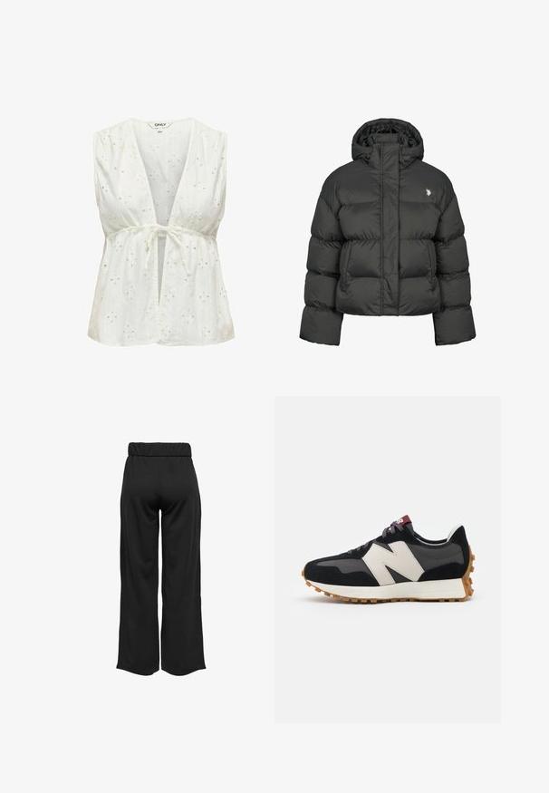 Zwarte pufferjack met een cropped ontwerp, voorzien van een hoge kraag en ribgebreide manchetten. Inclusief een klein logo aan de linkerkant. Gladde textuur.; Witte mouwloze blouse met een diepe V-hals en strik taille. Bevat oogjes borduurwerk met bloemenpatronen, een zachte textuur en lichtgewicht stof.; Zwarte, wijde broek met een elastische tailleband, gemaakt van gladde stof. Heeft een strakke uitstraling zonder zakken of zichtbare stikseldetails.; Zwarte en grijze suède sneaker met een groot crèmekleurig "N"-logo, paarse veters en een gestructureerde rubberen zool van gum.
