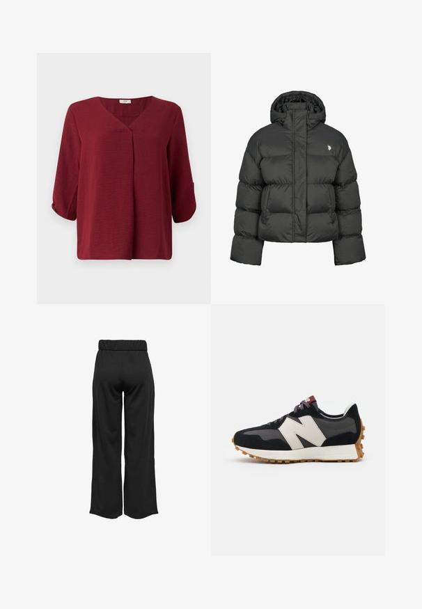 Svart puffjakke med en cropped design, med høy krage og ribbestrikkede mansjetter. Inkluderer en liten logo på venstre side. Sl smooth tekstur.; Burgunderfarget bluse med trekvart ermer, V-hals og frontfold. Laget av lett, teksturert stoff med en avslappet passform.; Svarte, vide bukser med elastisk midje, laget av glatt stoff. Har et rent design uten lommer eller synlige sømmer.; Sorte og grå sued sneakers med et stort cremefarvet "N" logo, lilla snørebånd og en tekstureret gummisål.
