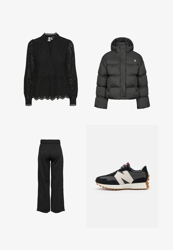 Schwarze Pufferjacke mit cropped Design, hochgeschlossenem Kragen und gerippten Bündchen. Mit kleinem Logo auf der linken Seite. Glatte Textur.; Schwarze Bluse mit hohem Kragen, langen Ärmeln und aufwendigen Ausstanzungen, mit einem Peplum-Saum und gewellten Kanten.; Schwarze, weit geschnittene Hose mit elastischem Bund, aus glattem Stoff gefertigt. Hat ein cleanes Design ohne Taschen oder sichtbare Nähte.; Schwarze und graue Wildledersneaker mit einem großen cremefarbenen "N"-Logo, lila Schnürsenkeln und einer strukturierten Gummisohle.