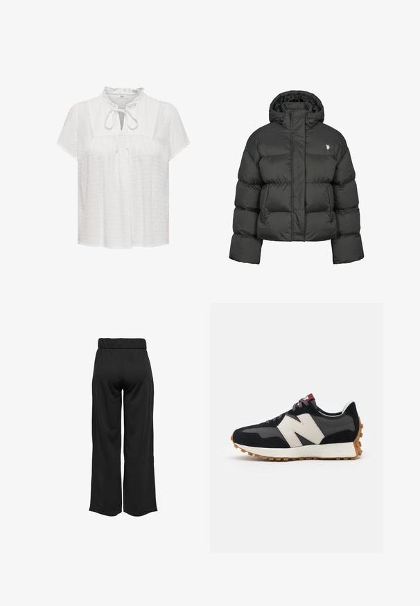 Schwarze Pufferjacke mit cropped Design, hochgeschlossenem Kragen und gerippten Bündchen. Mit kleinem Logo auf der linken Seite. Glatte Textur.; Weiße Bluse mit kurzen Ärmeln, Rüschenausschnitt, Schlüssel-Design vorne mit Bindeband, strukturierter Stoff mit erhabenen Punkten.; Schwarze, weit geschnittene Hose mit elastischem Bund, aus glattem Stoff gefertigt. Hat ein cleanes Design ohne Taschen oder sichtbare Nähte.; Schwarze und graue Wildledersneaker mit einem großen cremefarbenen "N"-Logo, lila Schnürsenkeln und einer strukturierten Gummisohle.