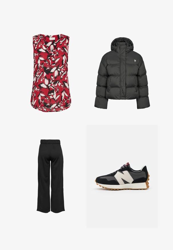 Schwarze Pufferjacke mit cropped Design, hochgeschlossenem Kragen und gerippten Bündchen. Mit kleinem Logo auf der linken Seite. Glatte Textur.; Rote ärmellose Bluse mit floralem Muster in Schwarz und Weiß, mit V-Ausschnitt und leicht gekurvtem Saum für eine entspannte Passform.; Schwarze, weit geschnittene Hose mit elastischem Bund, aus glattem Stoff gefertigt. Hat ein cleanes Design ohne Taschen oder sichtbare Nähte.; Schwarze und graue Wildledersneaker mit einem großen cremefarbenen "N"-Logo, lila Schnürsenkeln und einer strukturierten Gummisohle.