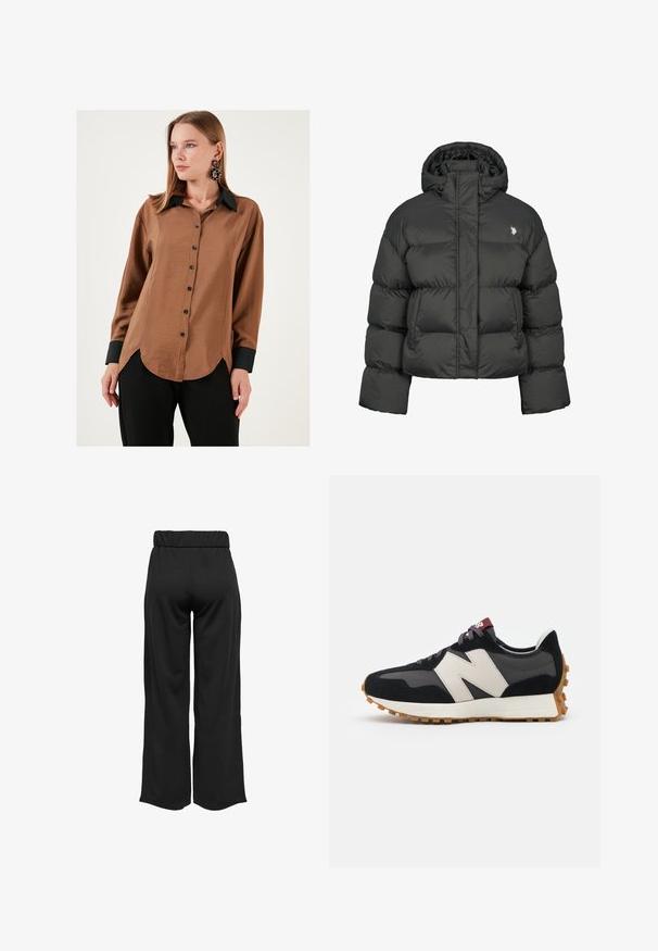 Melnā pūkainā jaka ar īsu dizainu, ar augstu apkakli un ribotām piedurknēm. Iekļauts mazs logo kreisajā pusē. Gluda tekstūra.; Brūns satīna krekls ar melnu apkakli un piedurknēm, ar izliekta mala un melnām pogām, valkāts kopā ar melnām biksēm.; Melnas, platas bikses ar elastīgu jostu, izgatavotas no gludas auduma. Iespējamā tīra dizaina ar bez kabatām un redzamām šuvēm.; Melnas un pelēkas zamšādas sporta kurpes ar lielu krēmkrāsas "N" logotipu, purpura šņorēm un strukturētu gumijas zoli.