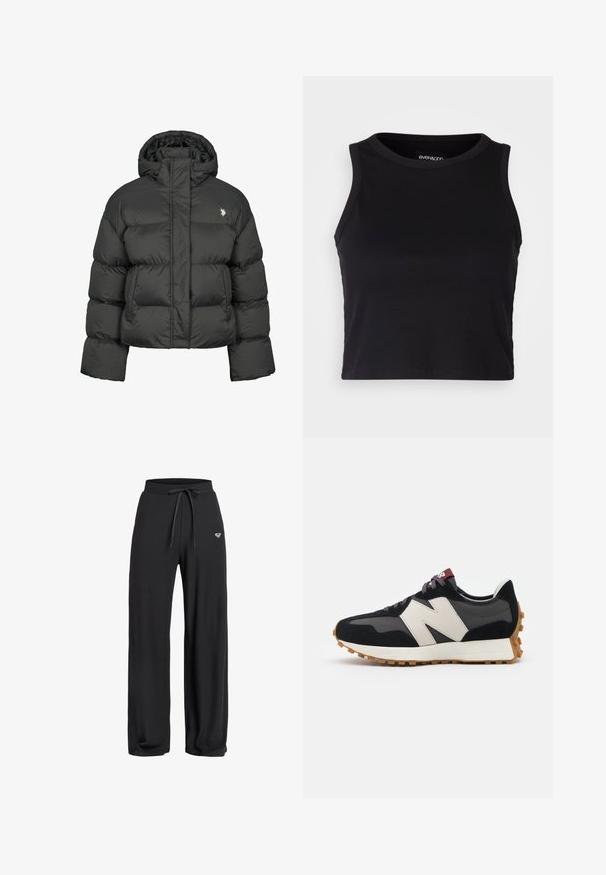 Musta toppatakki, jonka leikkaus on lyhyt ja siinä on korkea kaulus sekä ribbaus hihansuissa. Vasemmalla puolella pieni logo. Sileä pinta.; Musta ribattava lyhythihainen toppi pyöreällä pääntiellä ja hihattomalla muotoilulla. Valmistettu pehmeästä, joustavasta kankaasta, jossa on siistit reunapainatukset.; Mustat ribbattut leveälahkeiset housut, joissa on joustava vyötärö ja naru, ja jotka sisältävät pienen logotiedon edessä. Sileä tekstuuri.; Mustat ja harmaat mokkakenkä, jossa on suuri kermanvärinen "N"-logo, violetit nauhat ja teksturoitu kumipohja.