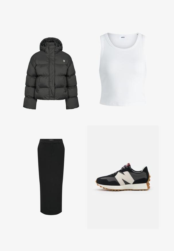 Zwarte pufferjack met een cropped ontwerp, voorzien van een hoge kraag en ribgebreide manchetten. Inclusief een klein logo aan de linkerkant. Gladde textuur.; Witte geribbelde tanktop met een ronde hals, zonder mouwen en een cropped lengte. Label draagt "JJXX." Gladde stoftextuur.; Zwarte, hoge taille kokerrok. Gemaakt van gladde stof, met een rechte silhoeet en zijzakken voor een op maat gemaakte uitstraling.; Zwarte en grijze suède sneaker met een groot crèmekleurig "N"-logo, paarse veters en een gestructureerde rubberen zool van gum.