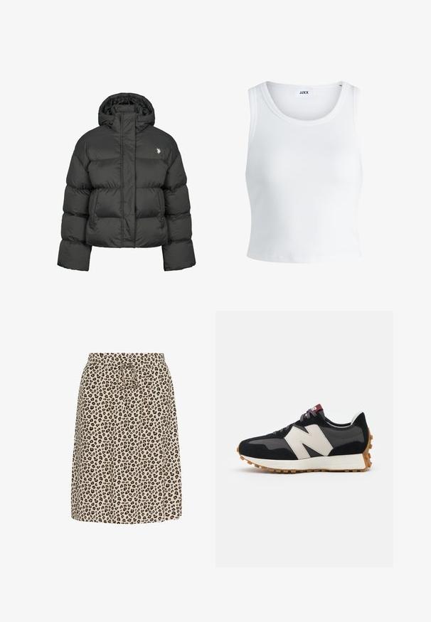 Fekete puffermellény cropped fazonban, magas gallérral és bordázott mandzsettákkal. Bal oldalon kis logó található. Sima textúra.; Fehér bordás ujjatlan top, kerek nyakkivágással és rövid hosszal. A címke szerint "JJXX". Sima szövettextúra.; Beige színű leopárdmintás szoknya, elasztikus derékkal és húzózsinórral. Könnyű anyagból készült, puha tapintással.; Fekete és szürke velúr sportcipő nagy krémszínű "N" logóval, lila fűzőkkel és texturált gumi talppal.