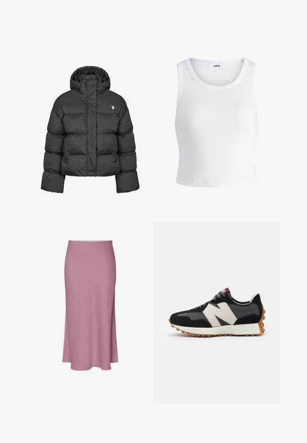 Musta toppatakki, jonka leikkaus on lyhyt ja siinä on korkea kaulus sekä ribbaus hihansuissa. Vasemmalla puolella pieni logo. Sileä pinta.; Valkoinen ribbattu hihaton toppi, jossa on pyöreä pääntie ja lyhyt malli. Tunnuslukuna lukee "JJXX". Sujuva kangas.; Vaaleanpunainen, polvenpituinen hame, jossa on tyylikäs muotoilu, sivuhalkio ja sileä pinta. Valmistettu pehmeästä, kevyestä kankaasta.; Mustat ja harmaat mokkakenkä, jossa on suuri kermanvärinen "N"-logo, violetit nauhat ja teksturoitu kumipohja.