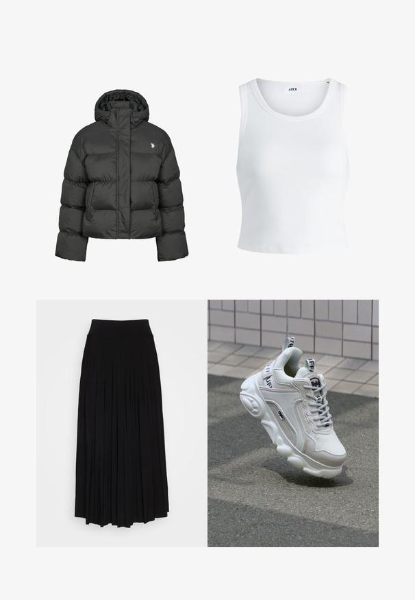 Jachetă puffere neagră cu un design cropped, având un guler înalt și manșete cu nervuri. Include un mic logo pe partea stângă. Textură netedă.; Top alb cu detalii texturate, cu guler rotund, fără mâneci și lungime scurtă. Eticheta spune "JJXX." Textură de țesătură netedă.; Fustă plisată neagră cu un talie înaltă, elastică. Fabricată dintr-un material moale, prezintă plisuri verticale pentru o siluetă fluidă.; Adidași alb cu materiale din plasă și piele, vârf rotunjit, talpă groasă, șnuțuri proeminente și brand pe călcâi și limbă.