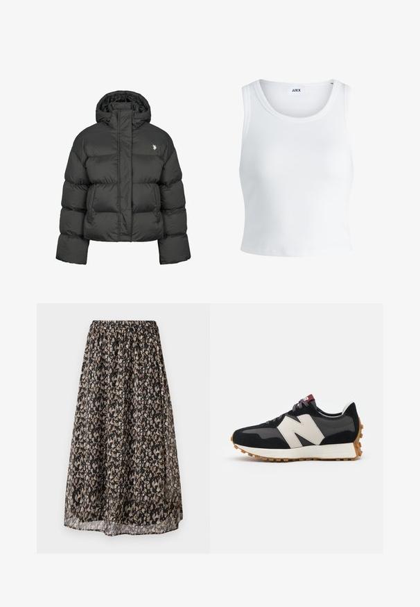 Črna puhafka s skrajšanim dizajnom, ki ima visok ovratnik in rebraste manšete. Vsebuje majhen logo na levi strani. Gladka tekstura.; Bela rebrasta majica brez rokavov z okroglim izrezom in krajšo dolžino. Oznaka navaja "JJXX." Gladka tekstura tkanine.; Črna midi krila iz lahkega blaga, z cvetličnim vzorcem v rjavi in kremni barvi. Elastika v pasu za prilagodljiv fit.; Črne in sive semiš športne copate z velikim kremnim logotipom "N", vijoličastimi vezalkami in teksturiranim gumijastim podplatom.