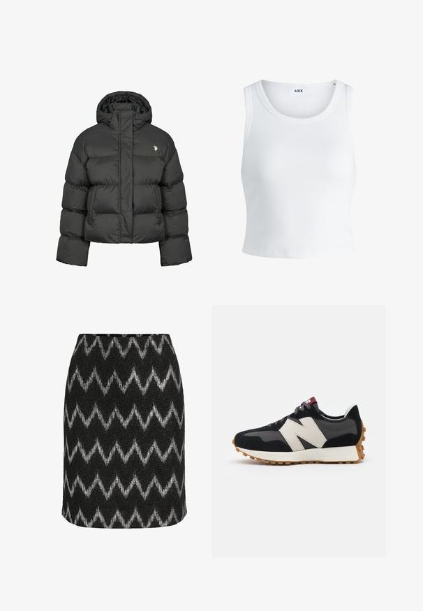 Černá péřová bunda s kratším střihem, vysokým límcem a žebrovanými manžetami. Obsahuje malé logo na levé straně. Hladká textura.; Bílý žebrovaný top na ramínka se kulatým výstřihem, bez rukávů a zkrácenou délkou. Název značky je "JJXX." Hladká struktura látky.; Černá sukně s cikcak vzorem ve stříbrné barvě, vyrobená z texturované látky s přiléhavým střihem a rovně zakončená.; Černé a šedé semišové tenisky s velkým krémovým logem "N", fialovými tkaničkami a strukturovanou gumovou podrážkou.