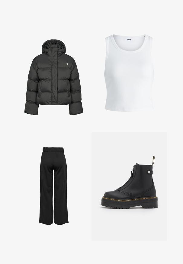 Must mustaga oli, millel on lühike disain, kõrge krae ja ribatud mansetid. Vasakul küljel on väike logo. Sile tekstuur.; Valge ribakujuline tank top, millel on ümmargune kaelus, varrukateta disain ja lühike pikkus. Silt ütleb "JJXX." Sile kangast tekstuur.; Mustad, laiad püksid elastse vöökohtaga, valmistatud siledast kangast. Omab lihtsat disaini, ilma taskute või nähtavate õmbluste detailideta.; Mustad musta nahast pahklu saabas, millel on külgrihm, kollane õmblus ja paks, sooniline kummitald.