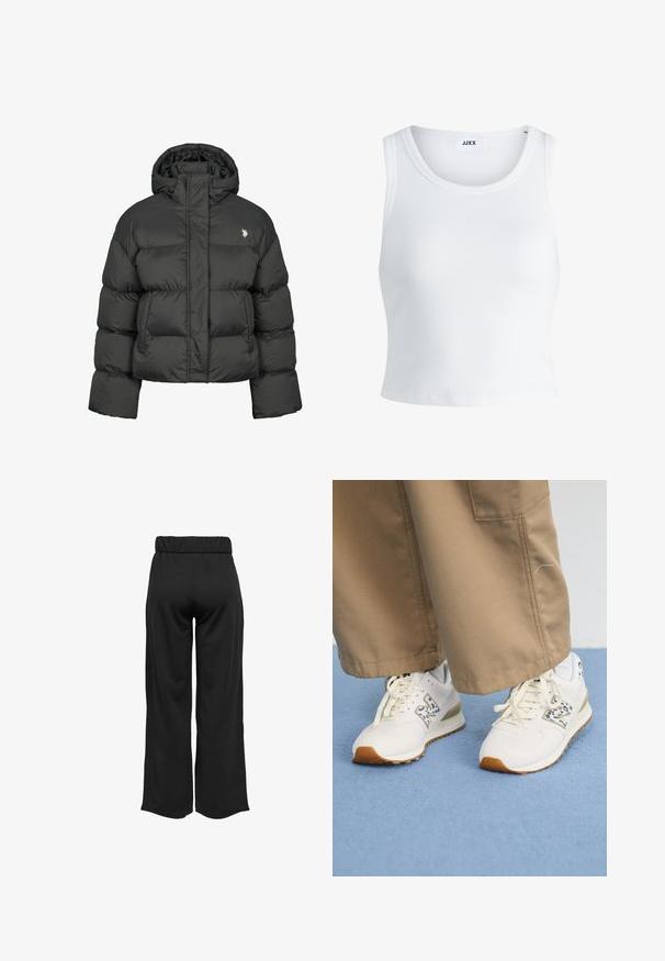 Črna puhafka s skrajšanim dizajnom, ki ima visok ovratnik in rebraste manšete. Vsebuje majhen logo na levi strani. Gladka tekstura.; Bela rebrasta majica brez rokavov z okroglim izrezom in krajšo dolžino. Oznaka navaja "JJXX." Gladka tekstura tkanine.; Črne hlače širokega kroja z elastičnim pasom, izdelane iz gladkega materiala. Imajo preprost dizajn brez žepov ali vidnih šivov.; Bele tene športne čevlje z teksturirano, bež gumirano podplatom. Imajo modre živalske vzorec akcent in ravne bež vezalke, v kombinaciji s svetlo rjavimi hlačami.