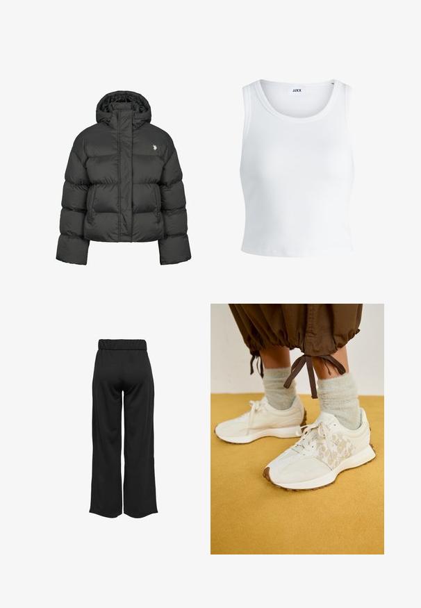 Crni puffer kaput s krojenjem do struka, s visokim ovratnikom i rebrastim manžetama. Uključuje mali logo na lijevoj strani. Glatka tekstura.; Bijela rebrasta majica bez rukava s okruglim izrezom i skraćenom dužinom. Na etiketi piše "JJXX." Glatka tekstura tkanine.; Crne hlače širokih nogavica s elastičnom waistbandom, izrađene od glatkog materijala. Imaju jednostavan dizajn bez džepova ili vidljivih šavova.; Svijetlosmeđi tenisice s teksturiranom gornjom površinom i točkastim uzorkom, svezani čipkom i smešm gumenom potplatom. Nosi se s pahuljastim čarapama.