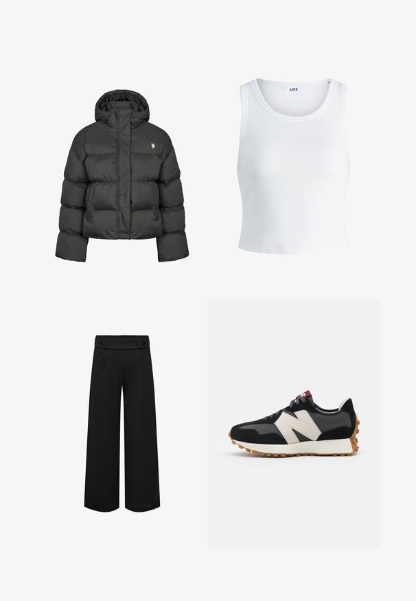 Czarna kurtka puchowa o kroju crops, z wysokim kołnierzem i ściągaczami. Zawiera małe logo po lewej stronie. Gładka tekstura.; Biały prążkowany top na ramiączkach z okrągłym dekoltem, bez rękawów i skróconej długości. Metka z napisem "JJXX." Gładka faktura materiału.; Czarne spodnie o szerokich nogawkach z wysokim stanem, z zakładkami z przodu i dwoma guzikami w pasie. Gładki materiał z dopasowanym krojem.; Czarno-szare zamszowe sneakersy z dużym kremowym logo "N", purpurowymi sznurówkami i teksturowaną gumową podeszwą.