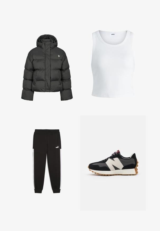 Črna puhafka s skrajšanim dizajnom, ki ima visok ovratnik in rebraste manšete. Vsebuje majhen logo na levi strani. Gladka tekstura.; Bela rebrasta majica brez rokavov z okroglim izrezom in krajšo dolžino. Oznaka navaja "JJXX." Gladka tekstura tkanine.; Črne trenirke z elastičnim pasom, stranskimi žepi in belimi stranskimi črtami, ki vsebujejo detajle logotipa. Narejene iz mehkega, raztegljivega materiala.; Črne in sive semiš športne copate z velikim kremnim logotipom "N", vijoličastimi vezalkami in teksturiranim gumijastim podplatom.