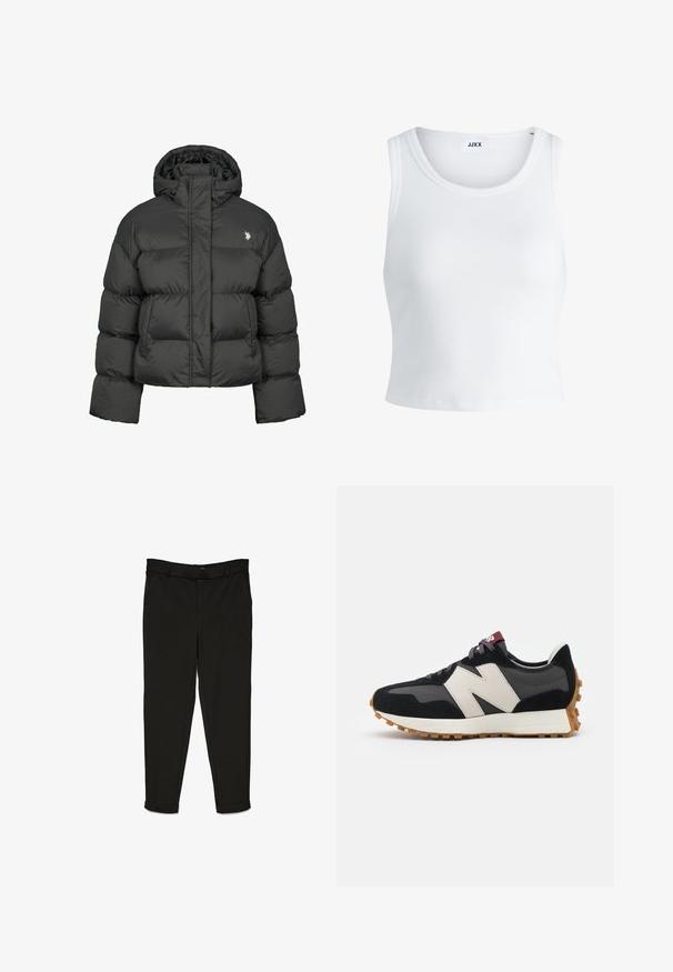 Melnā pūkainā jaka ar īsu dizainu, ar augstu apkakli un ribotām piedurknēm. Iekļauts mazs logo kreisajā pusē. Gluda tekstūra.; Balts ribots topiņš ar apaļu kakla izgriezumu, bez piedurknēm un īsā garumā. Uz birkas ir rakstīts "JJXX." Gluda auduma tekstūra.; Melnas bikses no aušanas auduma ar taisnu griezumu, taisnu priekšu un aprocēm pie potītēm slaidam izskatam.; Melnas un pelēkas zamšādas sporta kurpes ar lielu krēmkrāsas "N" logotipu, purpura šņorēm un strukturētu gumijas zoli.