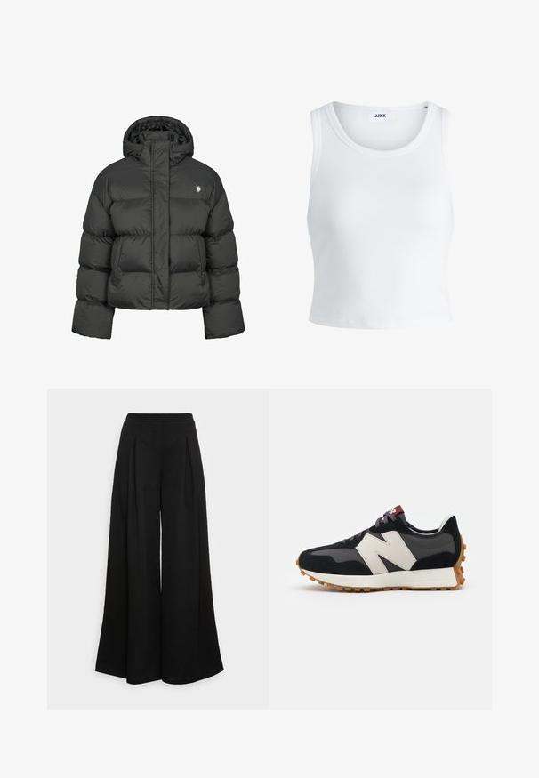 Černá péřová bunda s kratším střihem, vysokým límcem a žebrovanými manžetami. Obsahuje malé logo na levé straně. Hladká textura.; Bílý žebrovaný top na ramínka se kulatým výstřihem, bez rukávů a zkrácenou délkou. Název značky je "JJXX." Hladká struktura látky.; Široké černé kalhoty vyrobené z měkké tkaniny, s předními záhyby a vysokým pasem, které zajišťují volný siluetu.; Černé a šedé semišové tenisky s velkým krémovým logem "N", fialovými tkaničkami a strukturovanou gumovou podrážkou.