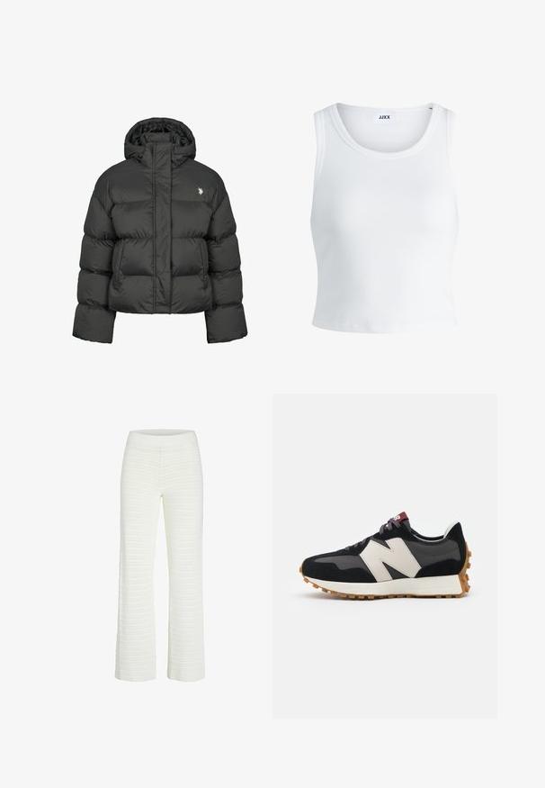 Melnā pūkainā jaka ar īsu dizainu, ar augstu apkakli un ribotām piedurknēm. Iekļauts mazs logo kreisajā pusē. Gluda tekstūra.; Balts ribots topiņš ar apaļu kakla izgriezumu, bez piedurknēm un īsā garumā. Uz birkas ir rakstīts "JJXX." Gluda auduma tekstūra.; Baltas, ribots adījums bikses ar platām kājām un elastīgu jostu, ar horizontālām svītrām tekstūras un detaļu pievienošanai.; Melnas un pelēkas zamšādas sporta kurpes ar lielu krēmkrāsas "N" logotipu, purpura šņorēm un strukturētu gumijas zoli.