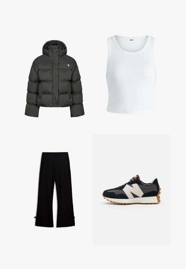 Crni puffer kaput s krojenjem do struka, s visokim ovratnikom i rebrastim manžetama. Uključuje mali logo na lijevoj strani. Glatka tekstura.; Bijela rebrasta majica bez rukava s okruglim izrezom i skraćenom dužinom. Na etiketi piše "JJXX." Glatka tekstura tkanine.; Crne široke hlače izrađene od mekog materijala, s bočnim prorezima učvršćenim mašnicama na rubu za dodatne detalje.; Crne i sive suede tenisice s velikim kremastim logom "N", ljubičastim pertlama i teksturiranim gumiranim potplatom.