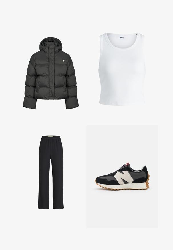 Schwarze Pufferjacke mit cropped Design, hochgeschlossenem Kragen und gerippten Bündchen. Mit kleinem Logo auf der linken Seite. Glatte Textur.; Weißes, geripptes Tanktop mit rundem Halsausschnitt, ärmellosem Design und kurzer Länge. Das Etikett trägt die Aufschrift "JJXX". Glatte Stoffstruktur.; Schwarze weit geschnittene Hose mit elastischem Bund, aus einem weichen Stoff gefertigt, der eine glatte Textur aufweist und im Beinbereich locker sitzt.; Schwarze und graue Wildledersneaker mit einem großen cremefarbenen "N"-Logo, lila Schnürsenkeln und einer strukturierten Gummisohle.