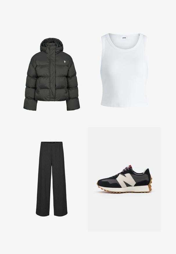 Schwarze Pufferjacke mit cropped Design, hochgeschlossenem Kragen und gerippten Bündchen. Mit kleinem Logo auf der linken Seite. Glatte Textur.; Weißes, geripptes Tanktop mit rundem Halsausschnitt, ärmellosem Design und kurzer Länge. Das Etikett trägt die Aufschrift "JJXX". Glatte Stoffstruktur.; Schwarze weit geschnittene Hosen mit vertikalen weißen Nadelstreifen, die ein maßgeschneidertes Design und eine glatte Textur aufweisen. Keine sichtbaren Taschen oder Hardware.; Schwarze und graue Wildledersneaker mit einem großen cremefarbenen "N"-Logo, lila Schnürsenkeln und einer strukturierten Gummisohle.