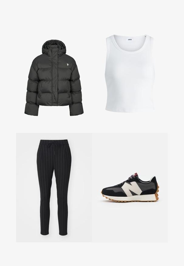 Schwarze Pufferjacke mit cropped Design, hochgeschlossenem Kragen und gerippten Bündchen. Mit kleinem Logo auf der linken Seite. Glatte Textur.; Weißes, geripptes Tanktop mit rundem Halsausschnitt, ärmellosem Design und kurzer Länge. Das Etikett trägt die Aufschrift "JJXX". Glatte Stoffstruktur.; Schwarze Hose mit vertikalen weißen Streifen, aus einem weichen Material, mit einem Kordelzugbund und schmal zulaufendem Bein.; Schwarze und graue Wildledersneaker mit einem großen cremefarbenen "N"-Logo, lila Schnürsenkeln und einer strukturierten Gummisohle.