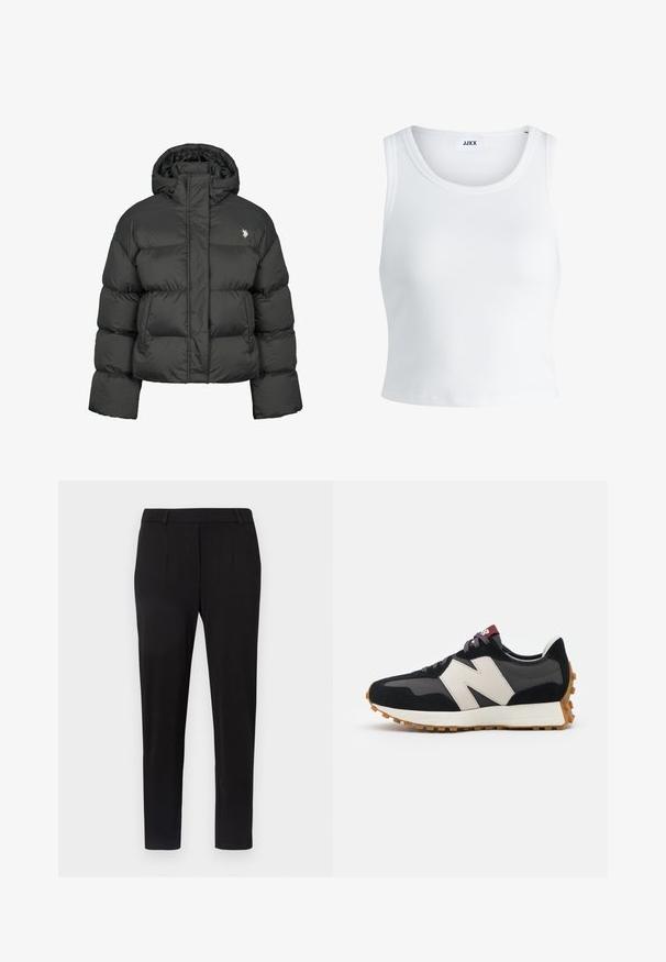 Czarna kurtka puchowa o kroju crops, z wysokim kołnierzem i ściągaczami. Zawiera małe logo po lewej stronie. Gładka tekstura.; Biały prążkowany top na ramiączkach z okrągłym dekoltem, bez rękawów i skróconej długości. Metka z napisem "JJXX." Gładka faktura materiału.; Czarne spodnie z gładkiego materiału o slim fit. Posiadają boczne kieszenie, płaski przód i zwężany krój nogawek. Brak widocznych wzorów.; Czarno-szare zamszowe sneakersy z dużym kremowym logo "N", purpurowymi sznurówkami i teksturowaną gumową podeszwą.