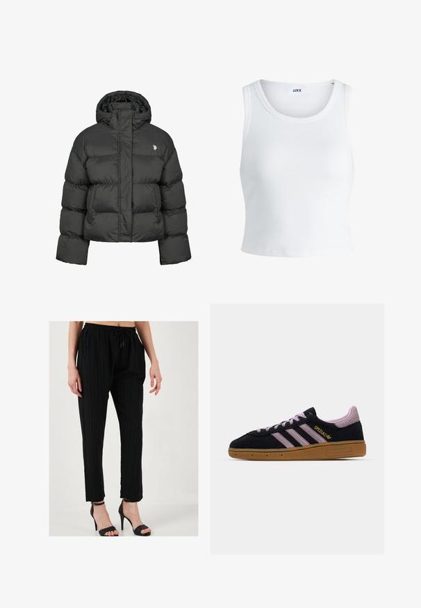 Fekete puffermellény cropped fazonban, magas gallérral és bordázott mandzsettákkal. Bal oldalon kis logó található. Sima textúra.; Fehér bordás ujjatlan top, kerek nyakkivágással és rövid hosszal. A címke szerint "JJXX". Sima szövettextúra.; LELA SLIM FIT - Nadrágok - black; Fekete és rózsaszín velúr sportcipő, gumi talppal, három rózsaszín csíkkal, arany "SPEZIAL" felirattal és texturált gumitalppal. Alacsony szárú dizájn.