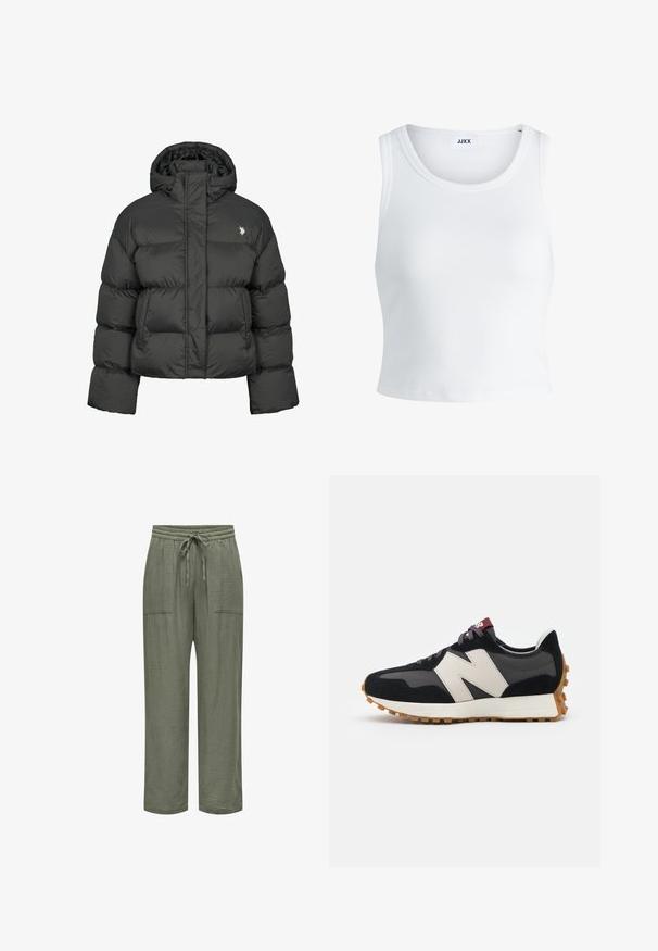 Svart pufferjacka med kort design, featuring hög krage och ribbade ärmslut. Inkluderar en liten logotyp på vänster sida. Slät textur.; Vit ribbade linne med rund halsringning, ärmlös design och kort längd. Märket säger "JJXX." Slät tygkvalitet.; JDY UMA - Tygbyxor - mulled basil; Svart och grå mocka sneaker med en stor krämfärgad "N"-logotyp, lila snören och en texturerad gummisula.