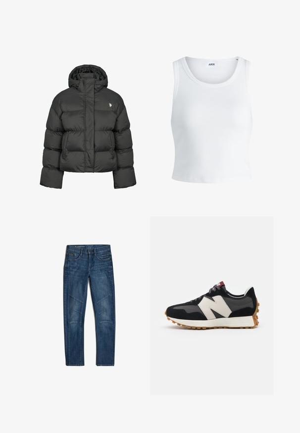 Juodas pūkinis švarkas su trumpu dizainu, turintis aukštą apykaklę ir sutrauktus rankogalvius. Kairėje pusėje esantis mažas logotipas. Lygus paviršius.; Balta raukšlėta tank top marškinėliai su apvaliu iškirpimu, be rankovių dizainu ir trumpa ilgio. Etiketėje parašyta "JJXX." Lygus audinio paviršius.; Tamsiai mėlynos džinsinės motociklininko kelnės. Ypatybės: kelios siūtos skydeliai, klasikinės kišenės ir tiesaus kirpimo fasonas su šiek tiek pablukimu.; Juoda ir pilka zomšinė sportinė avalynė su dideliu kreminiu "N" logotipu, violetinėmis raištelėmis ir tekstūruota gumos padu.