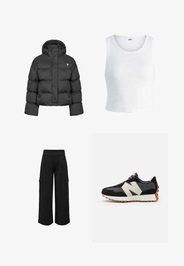 Svart puffjakke med en cropped design, med høy krage og ribbestrikkede mansjetter. Inkluderer en liten logo på venstre side. Sl smooth tekstur.; Hvit ribbestrikket tank topp med rund hals, uten ermer og croppe lengde. Merket leser "JJXX." Glatt stoff tekstur.; Svart brede cargo-bukser med høy midje, som har to sidelommer og en glatt, elastisk tekstur.; Sorte og grå sued sneakers med et stort cremefarvet "N" logo, lilla snørebånd og en tekstureret gummisål.